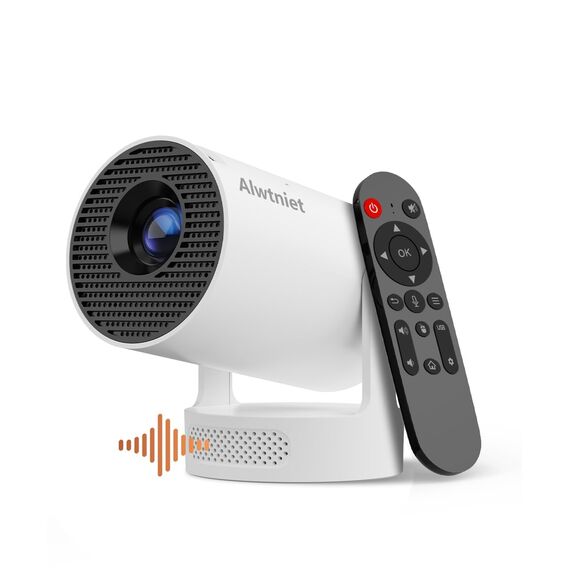 Alwtniet Mini Projektor, Mini Beamer 4K Unterstützt, Wi-Fi 6 und Bluetooth 5.4, 5W Lautsprecher, Automatischer Trapezkorrektur, 180° drehbar, tragbarer Projektor für Zuhause und draußen Android