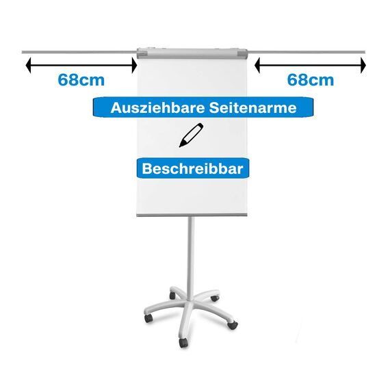 MOB Flipchart Ständer Whiteboard fahrbar mit Rollenfuss Ständer 67x105cm | Höhenverstellbar bis 210cm, Beschreibbar, Trocken abwischbar, magnetisch Flip Chart mit Magnettafel rollbar & Armen Piranha