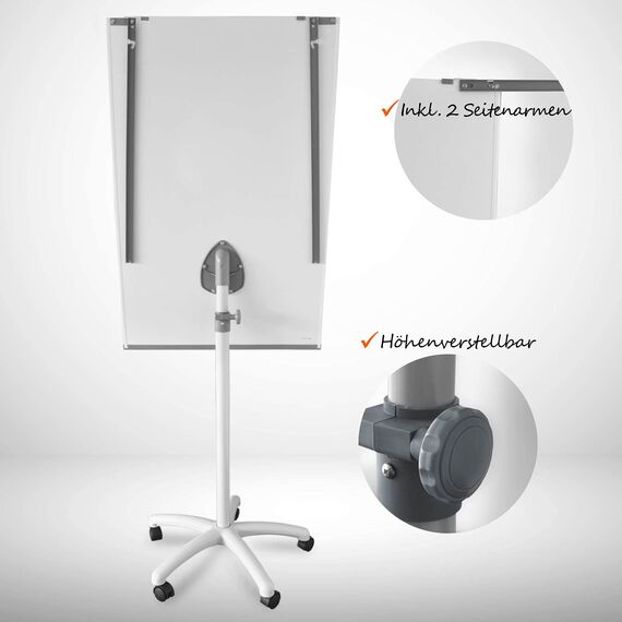 MOB Flipchart Ständer Whiteboard fahrbar mit Rollenfuss Ständer 67x105cm | Höhenverstellbar bis 210cm, Beschreibbar, Trocken abwischbar, magnetisch Flip Chart mit Magnettafel rollbar & Armen Piranha