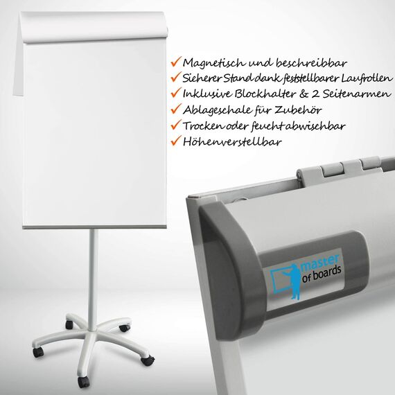 MOB Flipchart Ständer Whiteboard fahrbar mit Rollenfuss Ständer 67x105cm | Höhenverstellbar bis 210cm, Beschreibbar, Trocken abwischbar, magnetisch Flip Chart mit Magnettafel rollbar & Armen Piranha