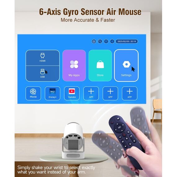 Alwtniet Mini Projektor, Mini Beamer 4K Unterstützt, Wi-Fi 6 und Bluetooth 5.4, 5W Lautsprecher, Automatischer Trapezkorrektur, 180° drehbar, tragbarer Projektor für Zuhause und draußen Android