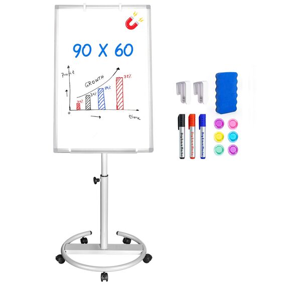 maxtek Flipchart Ständer, 90x60cm Flipcharts Whiteboard, Aluminiumrahmen Haken Verschieben Flipchart Papier, Magnetisch Beschreibbare Höhenverstellbar, Radierer, Markern und Magneten