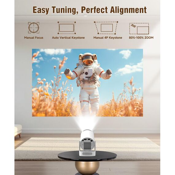 Alwtniet Mini Projektor, Mini Beamer 4K Unterstützt, Wi-Fi 6 und Bluetooth 5.4, 5W Lautsprecher, Automatischer Trapezkorrektur, 180° drehbar, tragbarer Projektor für Zuhause und draußen Android