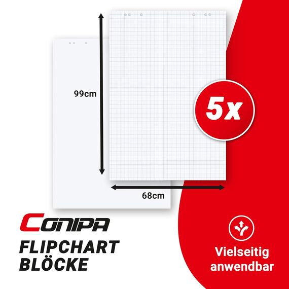 Conipa® - 5 x Set Flipchart Papier Block 68x99 cm weiß (KARIERT) 80 g/qm - 5 Blöcke à 20 Blatt INKL. 4 x Flipchart-Stifte (Marker) - Whiteboard-Papier & Blöcke - Board Paper für Charts & Meetings