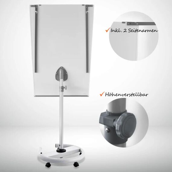 Floordirekt Flipchart mit Rollenfuß, Blockhalter & Seitenarmen - magnetisch & beschreibbar - freistehend & höhenverstellbar - Whiteboard Tafel Magnettafel - Board mit Ablageschale (Shark)