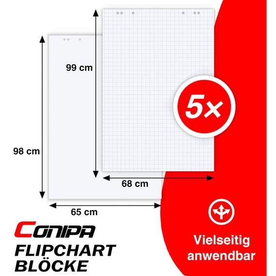 Conipa® - 5 x Flipchart Papier Block 68x99 cm weiß (BLANKO) 80 g/qm - 5 Flipchart-Blöcke à 20 Blatt - Whiteboard-Papier für Charts & Meetings (5 Blöcke Blanko)