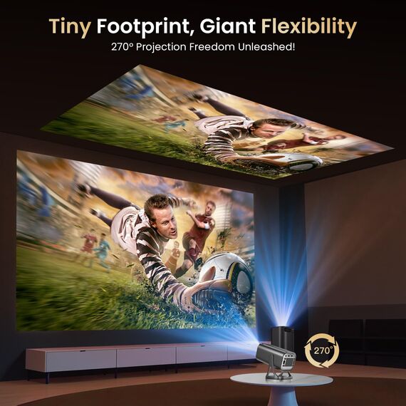 Mini Beamer 4k 1080P Unterstützung, Mini Projektor 22000L mit Android 12.0, WiFi 6 und Bluetooth 5.4, Heimkino Smart Beamer mit Auto Keystone Handy 270° Drehen für PC/HDMI/USB/TF Karte