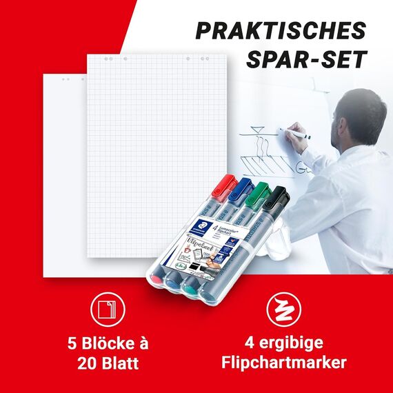 Conipa® - 5 x Set Flipchart Papier Block 68x99 cm weiß (KARIERT) 80 g/qm - 5 Blöcke à 20 Blatt INKL. 4 x Flipchart-Stifte (Marker) - Whiteboard-Papier & Blöcke - Board Paper für Charts & Meetings