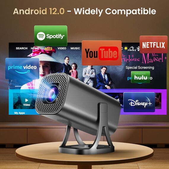 Mini Beamer 4k 1080P Unterstützung, Mini Projektor 22000L mit Android 12.0, WiFi 6 und Bluetooth 5.4, Heimkino Smart Beamer mit Auto Keystone Handy 270° Drehen für PC/HDMI/USB/TF Karte