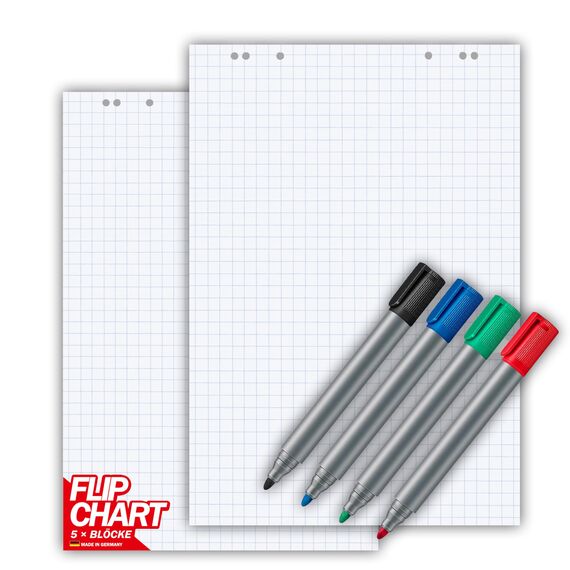 Conipa® - 5 x Set Flipchart Papier Block 68x99 cm weiß (KARIERT) 80 g/qm - 5 Blöcke à 20 Blatt INKL. 4 x Flipchart-Stifte (Marker) - Whiteboard-Papier & Blöcke - Board Paper für Charts & Meetings