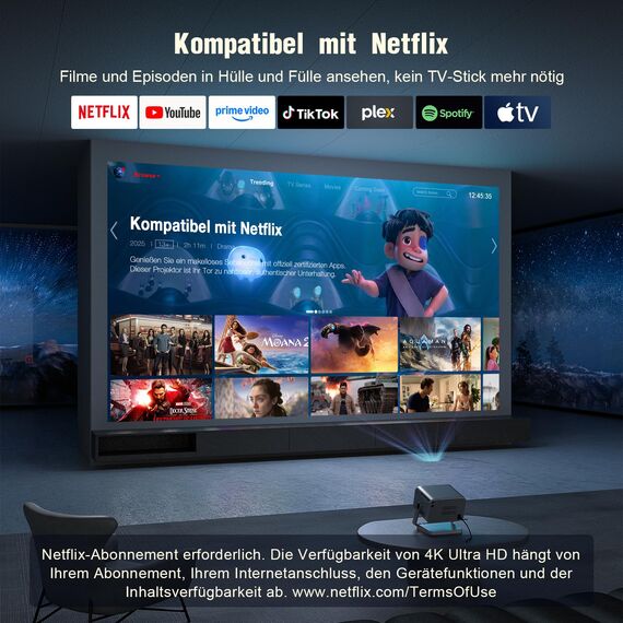 Smart Beamer【Offiziell Lizenzierter APP & Dolby Audio】 VOPLLS Autofokus/Trapezkorrektur 28000 Lumen Beamer 4K Unterstützt, WiFi6 Bluetooth Full HD 1080P Video Projektor Heimkino/Outdoor für Handy/PC