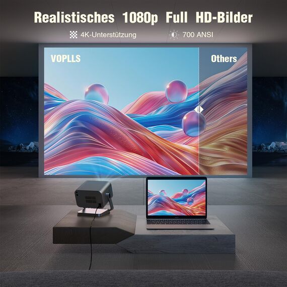 Smart Beamer【Offiziell Lizenzierter APP & Dolby Audio】 VOPLLS Autofokus/Trapezkorrektur 28000 Lumen Beamer 4K Unterstützt, WiFi6 Bluetooth Full HD 1080P Video Projektor Heimkino/Outdoor für Handy/PC