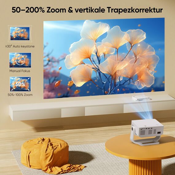 Wielio Neuer Smart Beamer, Full HD 1080P mit 4K Unterstützung, Android 11, 25000 Lumens Helligkeit, 120° Verstellbarer Ständer, elektrischer Fokus, Trapezkorrektur, WiFi 6 & BT 5.2 Heimkino Beamer