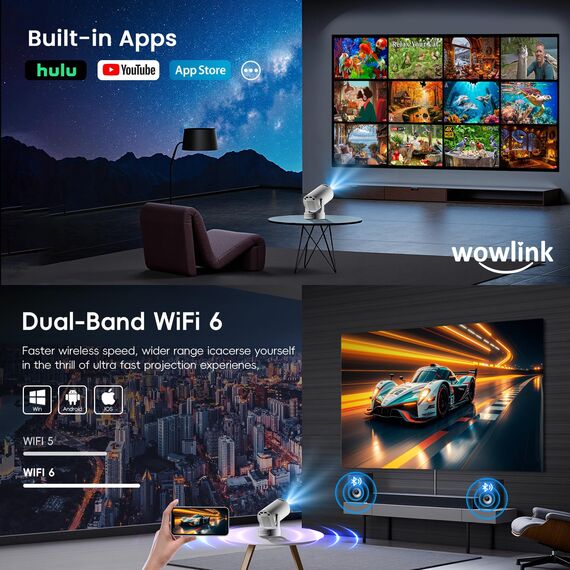 Mini Beamer Unterstützt 4K 1080P, Projektor Tragbarer mit WiFi 6 und Bluetooth 5.4, Beamer Klein Projektor Auto Keystone 180°Dreh Kompatibel mit HDMI/TV Stick/Memory Stick/Laptop, Weiß