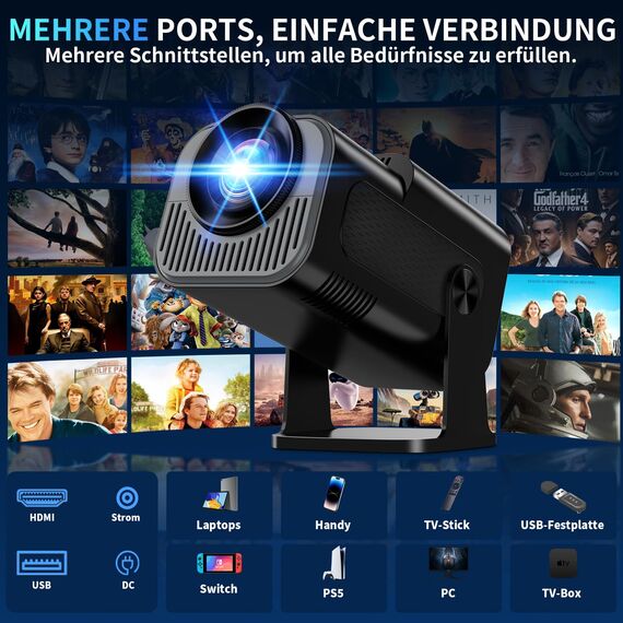 Mini Beamer 4K Full HD 1080P [2026 Modell] Projektor Tragbarer mit WiFi 6 und Bluetooth 5.2 & 270° Dreh Smart Projector mit Automatische Trapezkorrektur/HDMI/TV Stick/Memory Stick/Laptop,Schwarz