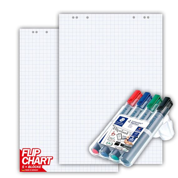 Conipa® - 5 x Set Flipchart Papier Block 68x99 cm weiß (KARIERT) 80 g/qm - 5 Blöcke à 20 Blatt INKL. 4 x Flipchart-Stifte (Marker) - Whiteboard-Papier & Blöcke - Board Paper für Charts & Meetings