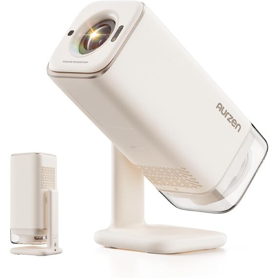 Aurzen Boom Air Mini Beamer mit Google TV&NetfIix, 4K Unterstützt, Aufladbar via USB-C, Smart Projektor - Dolby Audio, Beamer Outdoor mit WiFi & Bluetooth, TOF Autofokus, Drehbarer Ständer, Cremeweiß