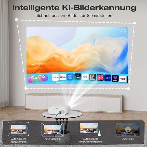 Smart Beamer【Whale TV】mit Elektrischer Fokus/Trapezkorrektur, 20000LM 1080P Full HD WiFi 6 Bluetooth 5.2 Mini Beamer Heimkino, Mini Projektor mit EIN-klick-Nutzung von Netflix/YouTube/D+