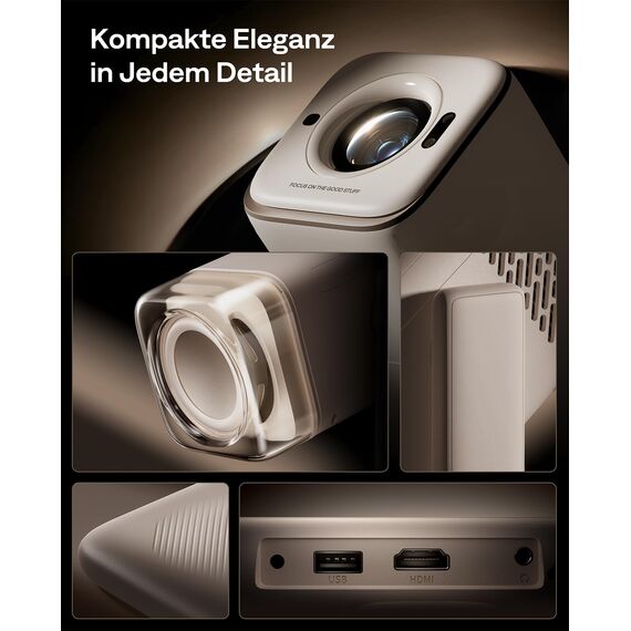Aurzen Boom Air Mini Beamer mit Google TV&NetfIix, 4K Unterstützt, Aufladbar via USB-C, Smart Projektor - Dolby Audio, Beamer Outdoor mit WiFi & Bluetooth, TOF Autofokus, Drehbarer Ständer, Cremeweiß
