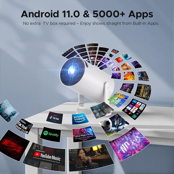 Mini Beamer mit Lautsprecher, Projector unterstützen 1080P 4K, Auto Keystone WiFi6 Tragbarer Beamers Projector, Bluetooth 5.0 220° Rotation Smart Beamers, Kurzdistanz Beamer für Heimkino Outdoor Handy