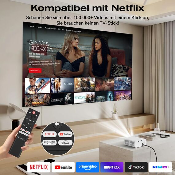 Smart Beamer【Whale TV】mit Elektrischer Fokus/Trapezkorrektur, 20000LM 1080P Full HD WiFi 6 Bluetooth 5.2 Mini Beamer Heimkino, Mini Projektor mit EIN-klick-Nutzung von Netflix/YouTube/D+