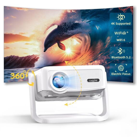 Beamer丨[Elektrischer Fokus丨Auto Keystone] 4K Full HD 1080P Unterstützt,WiFi 6 und Bluetooth丨Mini beamer, 300 Zoll, 360-Grad-Drehbar Projektor, Ideal für Heimkino丨Outdoor Beamer Kompatibel mit Handy,PC