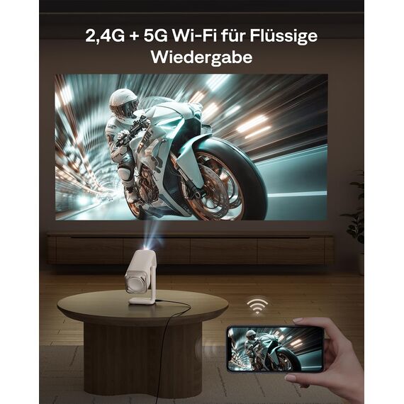 Aurzen Boom Air Mini Beamer mit Google TV&NetfIix, 4K Unterstützt, Aufladbar via USB-C, Smart Projektor - Dolby Audio, Beamer Outdoor mit WiFi & Bluetooth, TOF Autofokus, Drehbarer Ständer, Cremeweiß