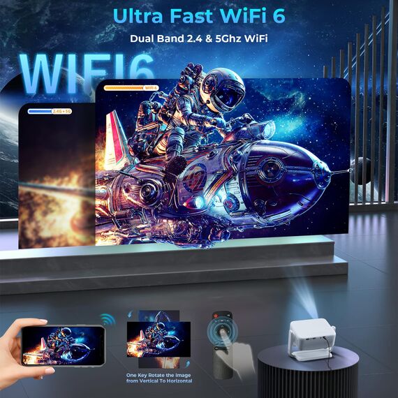 Beamer丨[Elektrischer Fokus丨Auto Keystone] 4K Full HD 1080P Unterstützt,WiFi 6 und Bluetooth丨Mini beamer, 300 Zoll, 360-Grad-Drehbar Projektor, Ideal für Heimkino丨Outdoor Beamer Kompatibel mit Handy,PC