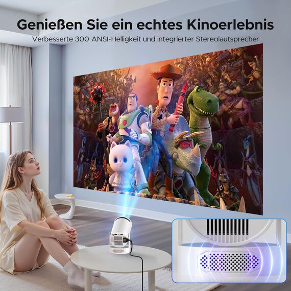 Mini Beamer mit Lautsprecher, Projector unterstützen 1080P 4K, Auto Keystone WiFi6 Tragbarer Beamers Projector, Bluetooth 5.0 220° Rotation Smart Beamers, Kurzdistanz Beamer für Heimkino Outdoor Handy