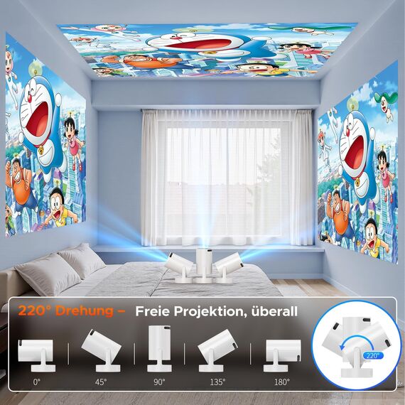 Mini Beamer mit Lautsprecher, Projector unterstützen 1080P 4K, Auto Keystone WiFi6 Tragbarer Beamers Projector, Bluetooth 5.0 220° Rotation Smart Beamers, Kurzdistanz Beamer für Heimkino Outdoor Handy