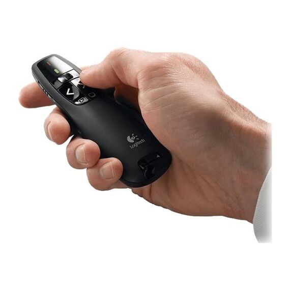 Logitech R400 Presenter, Kabellose 2.4 GHz Verbindung via USB-Empfänger, 15m Reichweite, Roter Laserpointer, Intuitive Bedienelemente, 6 Tasten, Batterieanzeige, PC - Schwarz