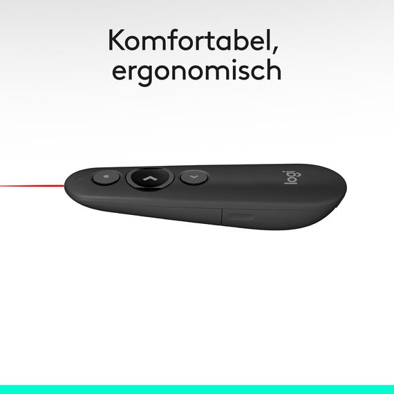 Logitech R500s Presenter mit Laser Klasse 1 für Bluetooth und USB – Universell kompatibel, 20 Meter Reichweite, konfigurierbar, intelligente Batterienutzung mit 12 Monaten Laufzeit – Dunkelgrau