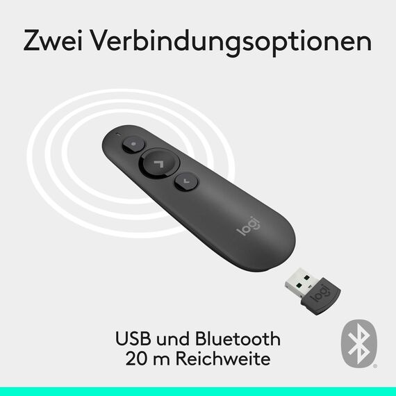 Logitech R500s Presenter mit Laser Klasse 1 für Bluetooth und USB – Universell kompatibel, 20 Meter Reichweite, konfigurierbar, intelligente Batterienutzung mit 12 Monaten Laufzeit – Dunkelgrau
