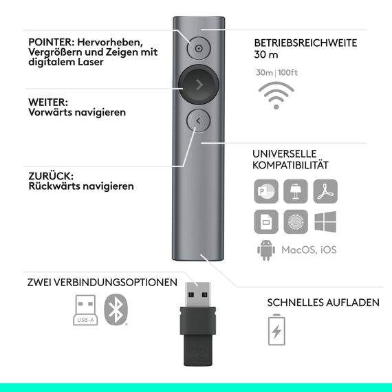Logitech Spotlight Presenter, Bluetooth und 2.4 GHz Verbindung via USB-Empfänger, Digitaler Laserpointer, 30m Reichweite, Timer, Vibrationsalarm, PC/Mac/Android/iOS - Slate/Grau
