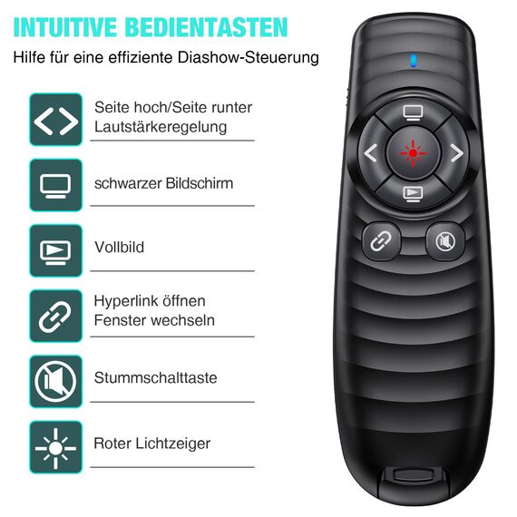 USB C Presenter Wiederaufladbar, Kabellose 2.4 GHz Pointer für Präsentationen via Typ C und USB Empfänger, Rot Licht Powerpoint presenter für Windows 7/8/10/Mac IOS 3/Linux/Android 4.3/PowerPoint