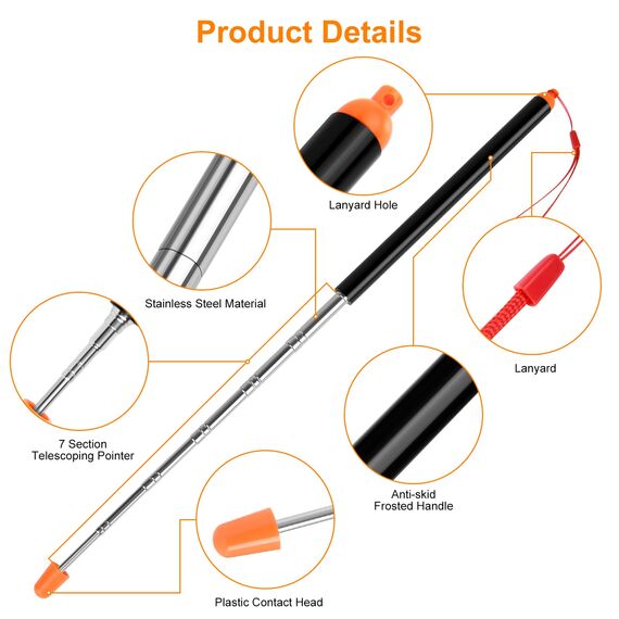 Vicloon Zeigestab Ausziehbar,120cm Ausziehbar Teleskopstab mit 2 Lanyard,Rostfreier Stahl,für Lehrer Whiteboard Tafel Zeiger für Präsentationen, Formate, Seminare