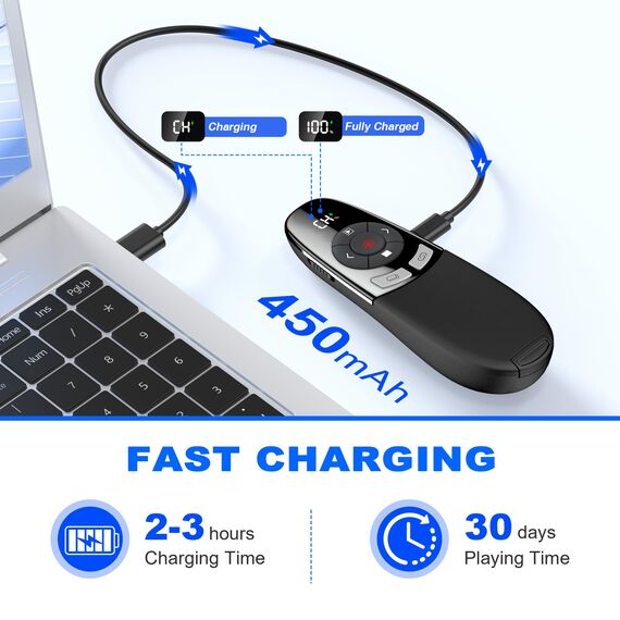 USB C Presenter Wiederaufladbar, Kabellose 2.4 GHz Powerpoint Presenter, Pointer für Präsentationen mit Batterieanzeige, Roter Licht Präsentationsfernbedienung für PowerPoint/Keynote/Google Slides