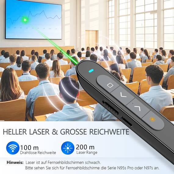 Norwii Wiederaufladbare Bluetooth Präsentations-Fernbedienung, Wireless Presenter mit Grünem Leuchtpunkt für PowerPoint, 100m Reichweite für Lehrer und Referenten, macOS Kompatibel
