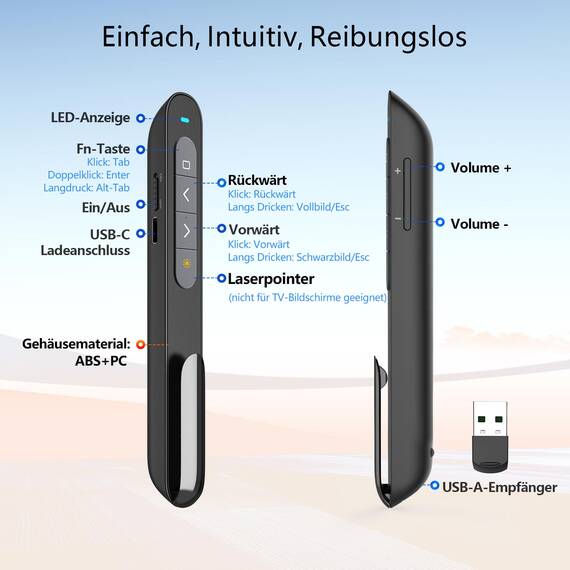 Norwii Wiederaufladbare Bluetooth Präsentations-Fernbedienung, Wireless Presenter mit Grünem Leuchtpunkt für PowerPoint, 100m Reichweite für Lehrer und Referenten, macOS Kompatibel