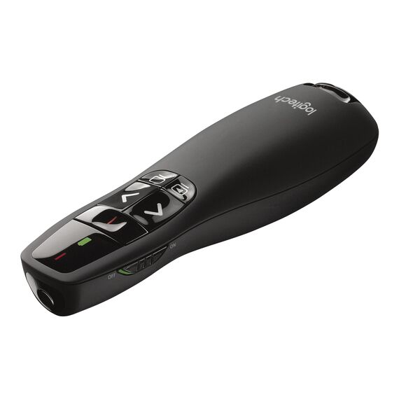 Logitech R400 Presenter, Kabellose 2.4 GHz Verbindung via USB-Empfänger, 15m Reichweite, Roter Laserpointer, Intuitive Bedienelemente, 6 Tasten, Batterieanzeige, PC - Schwarz