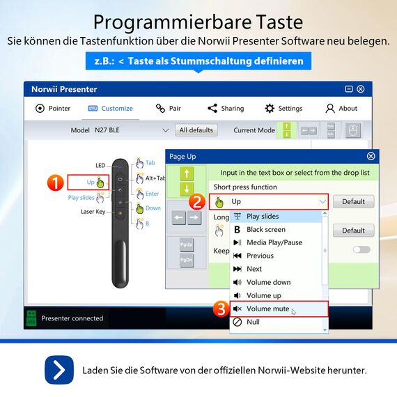 Norwii Bluetooth Präsentations-Fernbedienung für PowerPoint, Drahtloser Presenter mit Zeiger und 100m Reichweite, Ideal für Lehrer und Präsentatoren, macOS Kompatibel