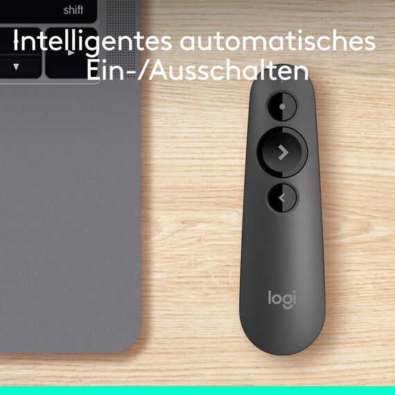 Logitech R500s Presenter mit Laser Klasse 1 für Bluetooth und USB – Universell kompatibel, 20 Meter Reichweite, konfigurierbar, intelligente Batterienutzung mit 12 Monaten Laufzeit – Dunkelgrau