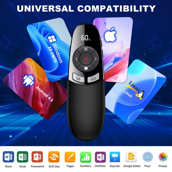 USB C Presenter Wiederaufladbar, Kabellose 2.4 GHz Powerpoint Presenter, Pointer für Präsentationen mit Batterieanzeige, Roter Licht Präsentationsfernbedienung für PowerPoint/Keynote/Google Slides