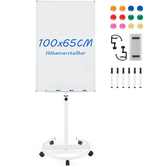 COSTWAY Flipchart Ständer, 100x65cm, Mobiles Whiteboard auf Rollen, höhenverstellbar bis 192cm, trocken abwischbar, magnetisch, Flip Chart mit rundem Ständer, Magneten, Markern & Radierer, Weiß