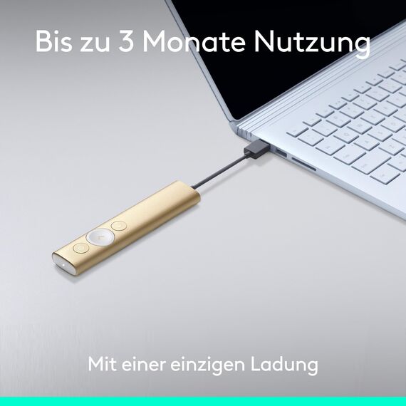 Logitech Spotlight Presenter, Bluetooth und 2.4 GHz Verbindung via USB-Empfänger, Digitaler Laserpointer, 30m Reichweite, Timer, Vibrationsalarm, PC/Mac/Android/iOS - Gold