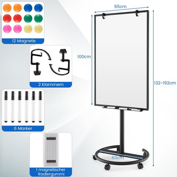 COSTWAY Flipchart Ständer, 100x65cm, mobiles Whiteboard auf Rollen, höhenverstellbar bis 192cm, trocken abwischbar, magnetisch, Flip Chart mit rundem Ständer, Magneten, Markern & Radierer