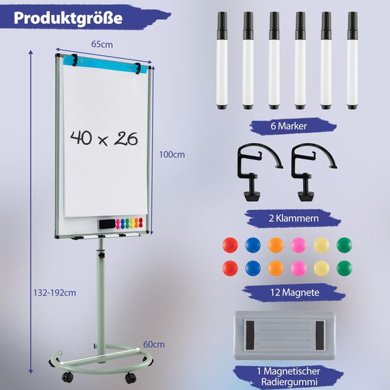 COSTWAY Flipchart Ständer, 100x65cm, mobiles Whiteboard auf Rollen, höhenverstellbar bis 192cm, trocken abwischbar, magnetisch, Flip Chart mit rundem Ständer, Magneten, Markern & Radierer