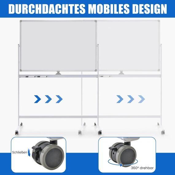 COSTWAY Doppelseitiges mobiles Whiteboard, 120 x 80 cm, höhenverstellbares magnetisches Whiteboard mit Rollen, Ständer und Stiftablage, inkl. Zubehör für Schule, Büro, Zuhause (Weiß)