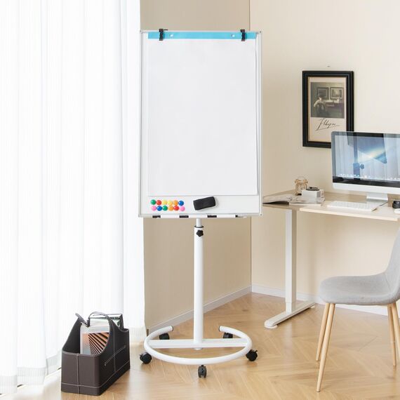 COSTWAY Flipchart Ständer, 100x65cm, Mobiles Whiteboard auf Rollen, höhenverstellbar bis 192cm, trocken abwischbar, magnetisch, Flip Chart mit rundem Ständer, Magneten, Markern & Radierer, Weiß