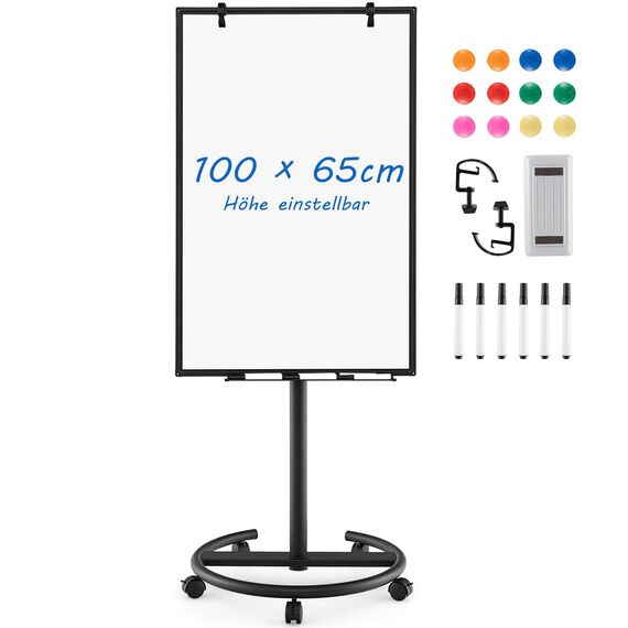 COSTWAY Flipchart Ständer, 100x65cm, mobiles Whiteboard auf Rollen, höhenverstellbar bis 192cm, trocken abwischbar, magnetisch, Flip Chart mit rundem Ständer, Magneten, Markern & Radierer
